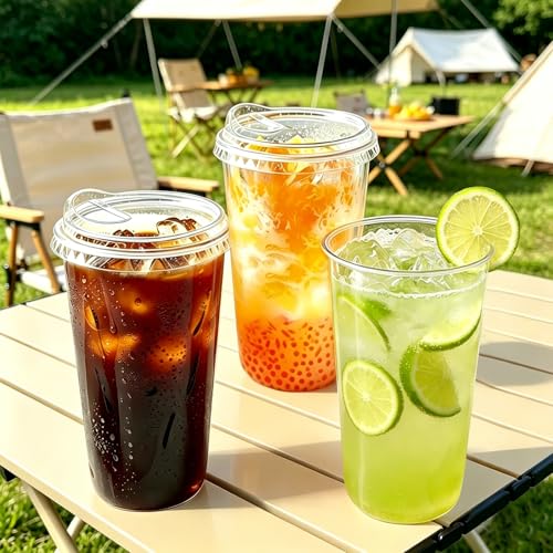 Image of 100 Pack 20 oz Plastic Cups with Lids,Clear Disposable Iced Coffee Cups,To Go Cup with Sip Through Lids for Cold Beverage,Smoothie,Wedding,Juice,Milkshake,Party