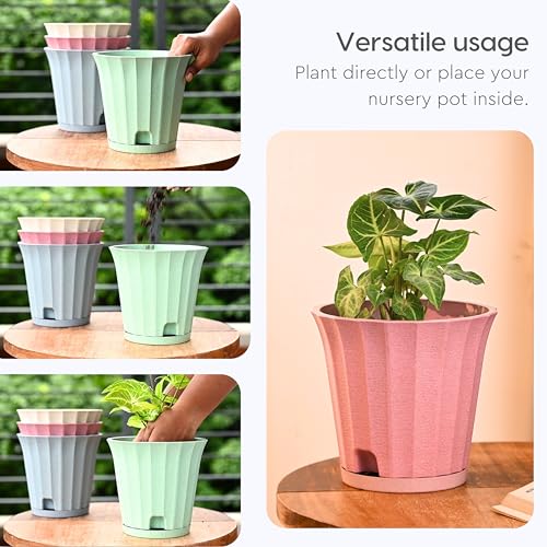 Image of Eha Earth Friendly Ace 7 inch Small Self Watering Pots for Indoor Plants | Set of 2 | Plant Pot Made with Bamboo Fibers | Table Top Planters for Home Decor, Flower Pot for Living Room | Innocent