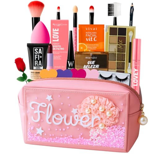 Bolsa Maquiagem Profissional Completa Kit Make Rosa Pincéis Paleta Sombras Itens (MEDIA)