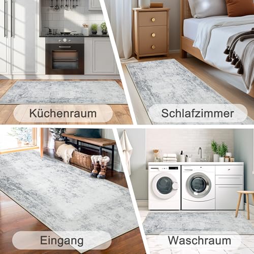 Capslpad Teppich Läufer Flur 80x300cm Grau Abstrakter Waschbar rutschfest Küchenläufer Teppich Modern Minimalistisch Kurzflor Kunstwolle Teppiche für Wohnzimmer Schlafzimmer
