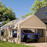 JAMFLY 12×20 Heavy-Duty Carport, Portable Garage with Roll-Up Windows, Removable Sidewalls and Doors, Sandbags, and All-Season Tarp for Cars, Boats, Trucks, and Motorcycles, Khaki