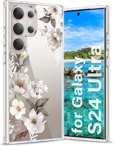 Image of Elzzi Clear Transparent Flower Cover for Samsung S24 Ultra 5g Case Shockproof Case Floral Design Full Camera Protection Shockproof PC+TPU Covers for Girls & Women