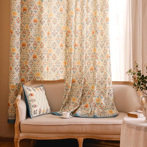 Image of ISAENNE Designer French Linen Printed Curtains,2 Panels,63 inchx65 inch-Floralsea | Vintage French Elegant Curtain with Grommets 63 inches long,Floral Pattern Draps,kitchen Bedroom Living Room Window