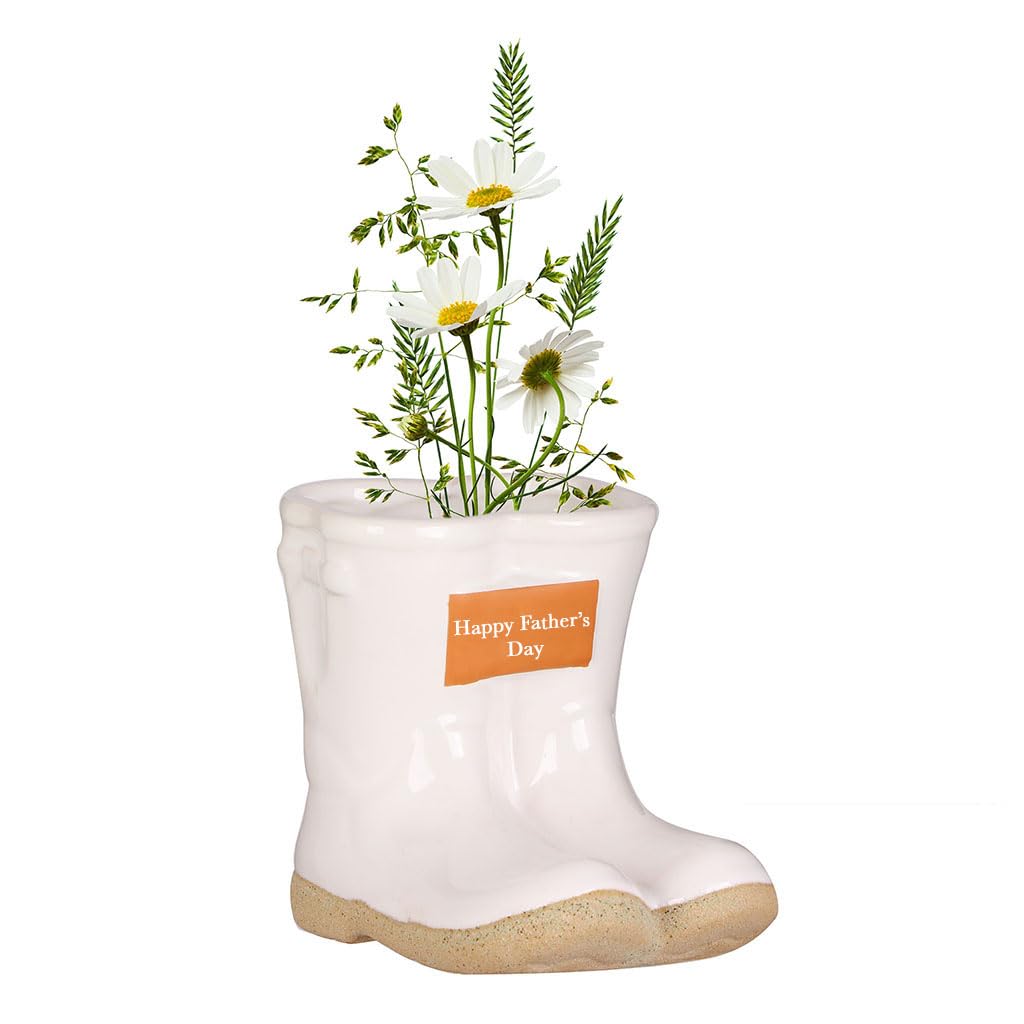 Dibor Ceramic Wellington Boot Plant Pot Indoor/Outdoor Plant Pot Herb Seedling Bulb Flower Pot Planter with Happy Father's Day Engraved Plaque Gardening Gift (White)
