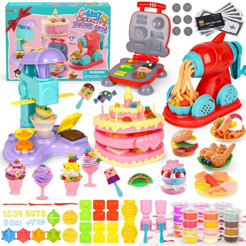 4-in-1 Playdough Sets for Kids 2-4-8 Ultimate 87 PCS Play Dough Tools, 24 Clay Creative Kitchen Set Ice Cream Hamburger Cake Noodle Maker Arts Crafts Food Toys Gifts for Boy Girl Kids Age 3 4 5 6