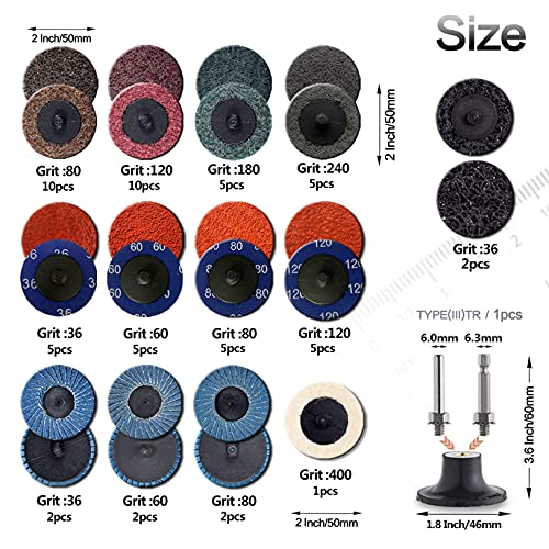 Image of 60Pcs 2 Inch Sanding Disc Set, Quick Change Disc Combination, 1 /4 Inch Hold Fits Various Grinder. Widely Used for Surface Conditioning, Striping, Polishing, Finishing and Rust Paint Removal