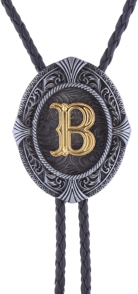 Btilasif Native American Western Cowboy Alphabet Golden Initial Letter A to Z Leather Necktie Bola Tie for Men Women - Image 2