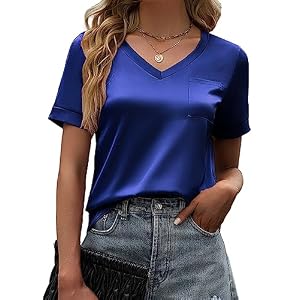 Maysoar Womens Satin Blouses for Women Short Sleeve Shirts V Neck Blouses Summer Casual Tops with Front Pocket