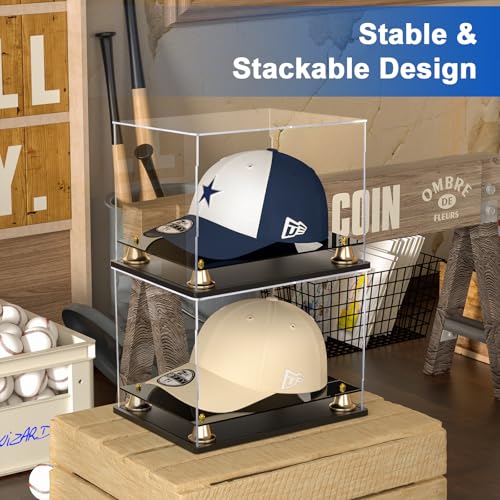 Image of Hat Display Case Clear Acrylic Hat Display Box Assemble Baseball Cap Holder for Signed Memorabilia Cap Storage with Metal Bell Base (11x8.2x7.1 inch)
