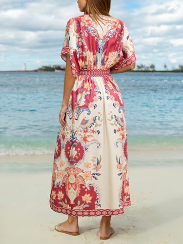 Image of CUPSHE Womens Tropical Floral Maxi Dress V Neck Short Sleeve Smocked Side Slit Dress Summer Vacation Beach Pocket Long Dress