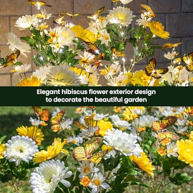 Solar Garden Light 6 Packs, 120 LEDs Outdoor Solar Lighting with Daisy and Butterfly, Waterproof Outdoor Garden Light for Patio, Courtyard, Pathway Decoration (Yellow)