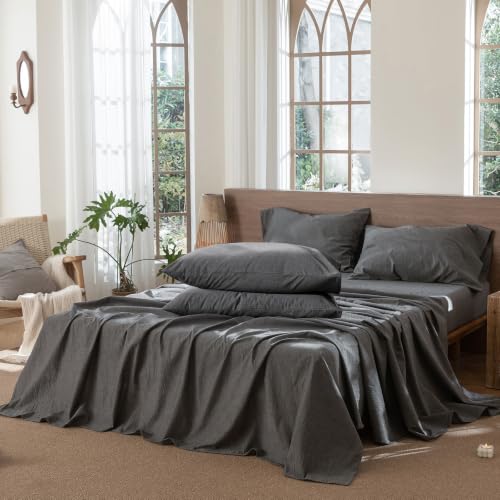 Image of MooMee Sheet Set 100% Washed Cotton Linen-Like Extra Deep Pocket Queen | Relaxed Linen-like Texture. Soft, Breathable & Lightweight Comfort. 15-19 inch Extra Deep Pocket with All-around Elastic