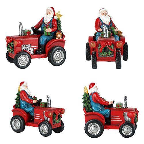 Dusvally Christmas Santa & Tractor Figurine Decoration Table Statue With Led Light-Up Gift For Kid & Adult, Vintage Red Car & Santa Resin Sculpture For Home & Office, 6.5''H #TOP5