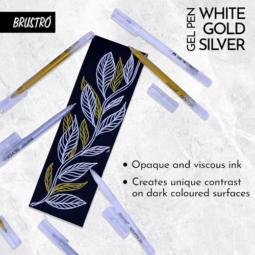 Image of BRUSTRO Assorted Gel Pen (White, Gold and Silver)|1mm Metal Tip - Set of 3,Opaque and Viscous Ink|Ideal For Drawing,Writing,Highlighting,Doodling,Scrapbooking,Mandala Art,Illustration