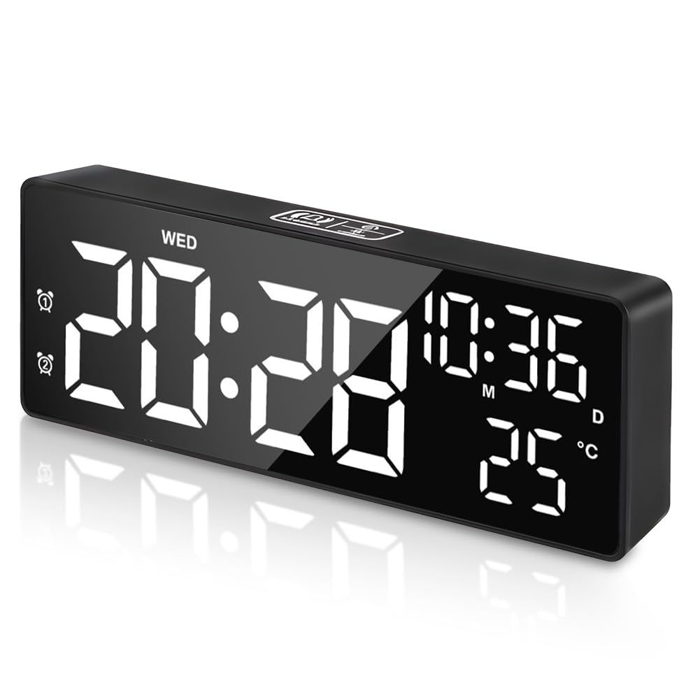flintronic Digitaler Wecker, LED Wecker Digital mit Großen Temperaturanzeige, Tischuhr mit 2 Alarmen, Digital Uhr Typ-C Netzbetrieben, Nachttischuhr mit Snooze/Regelbarer Helligkeit/DST, 12/24HR