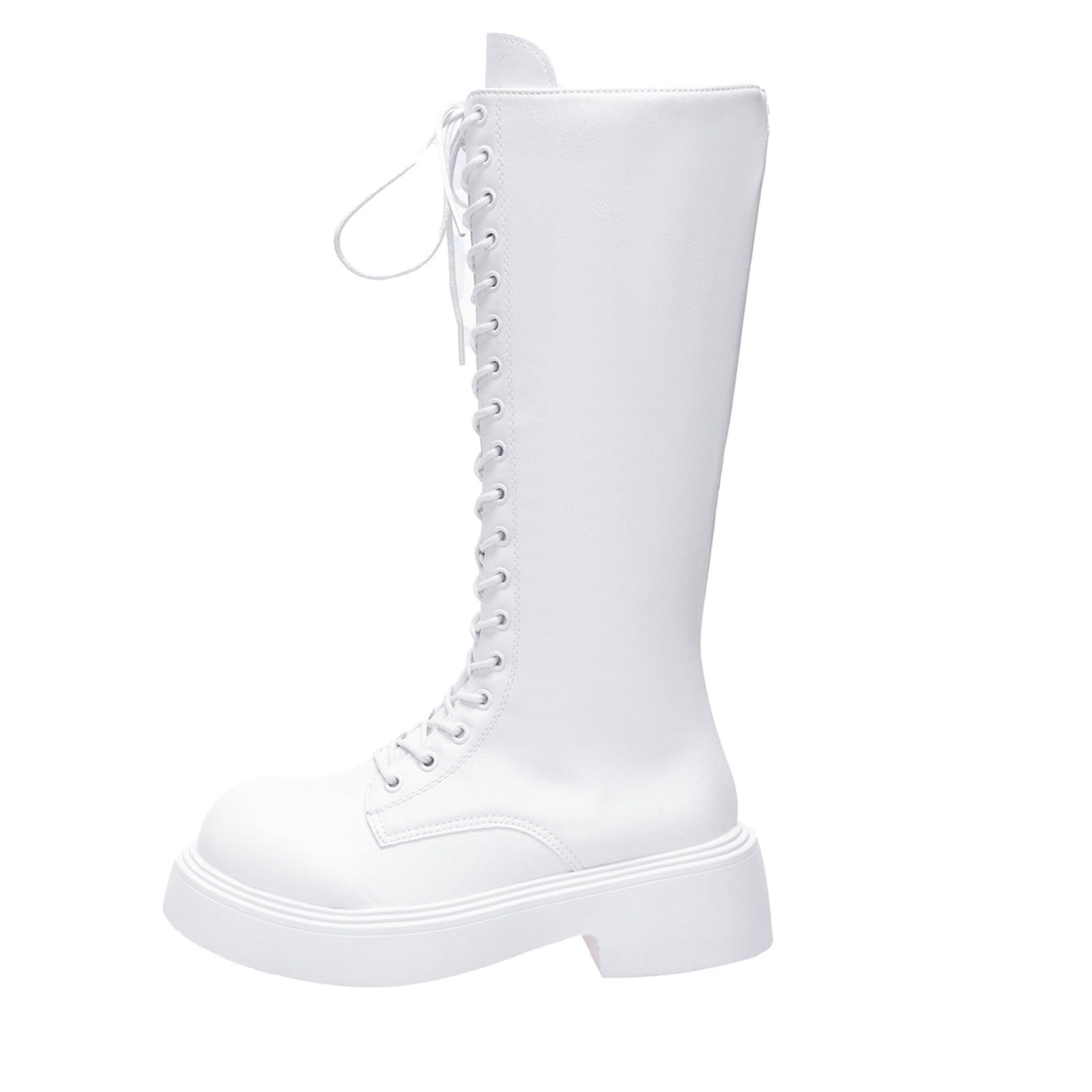 Schnürstiefel Damen Kniehoher Schaft mit Profilsohle und Runde Zehenpartie