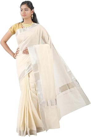 Cotton Kerala Kasavu Zari Embroidery Saree With Blouse, Kuthampully Kerala Kasavu Saree Onam Deevali Pongal