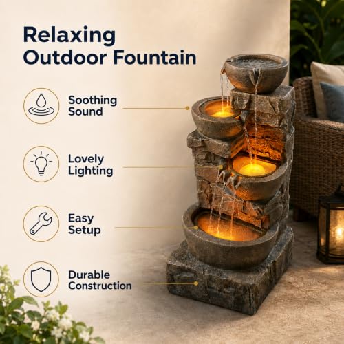 Image of Teamson Home 33.27 inch Cascading Bowls & Stacked Stones LED Water Fountain for Outdoor Living Spaces, Brown