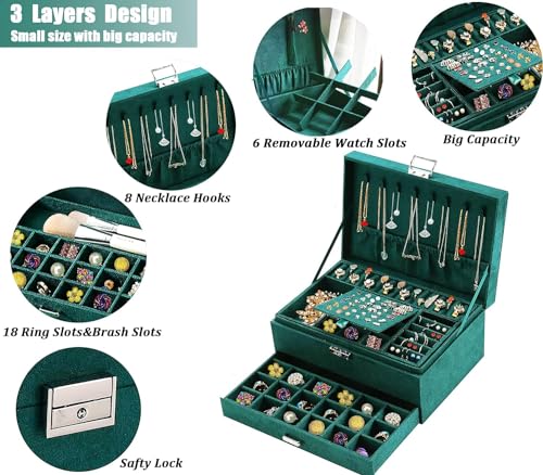 Image of BucketList 3 Layers Velvet Jewelry Organizer Storage Box Women's Velvet Ring Earrings Jewelry Display Case for Earrings, Bracelets, Rings, Necklace (3 Layer with Lock Green Box)