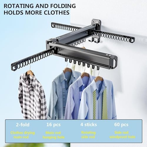 Clothes Drying Rack Wall Mounted, Bi-Collapsible Wall Mounted Drying Racks for Laundry with 4 Sliding Wing Hooks, Wall Hung Clothes Airer Wall Hanger for Balcony and Bat