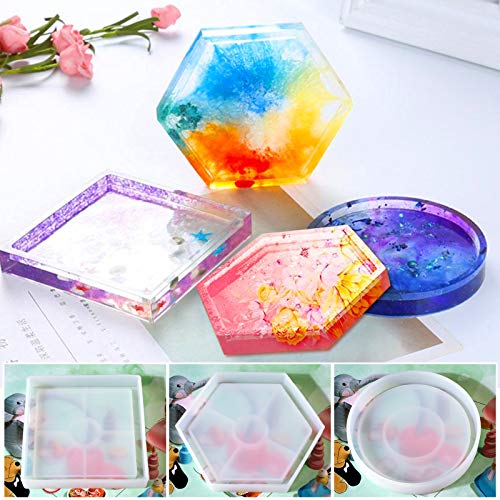 PHOGARY Silicone Resin Molds, 4Pack Resin Coaster Molds for Resin Casting, Epoxy Resin Mold, Square Round Oval Resin Mold, Large Silicone Molds for DIY Craft Jewelry Dish