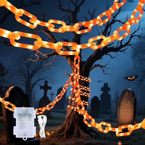 woohaha Halloween Decorations Battery/USB Plastic Chain Lights,10.5FT 175LED Orange Props Chains String Lights,8 Modes and Timer for Outdoor Halloween Party Creepy Cosplay Spooky Ornaments