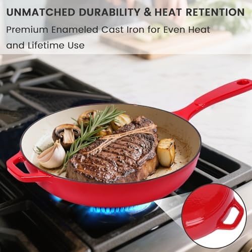 Hisencn Enameled Cast Iron Frying Pan Set, 3 Piece Set of 8''/9.5''/11'' Skillets, PFAS & PTFE & PFOA Free, Gas/Induction/Electric/Oven Compatible, Rouge Red - Thumbnail 4