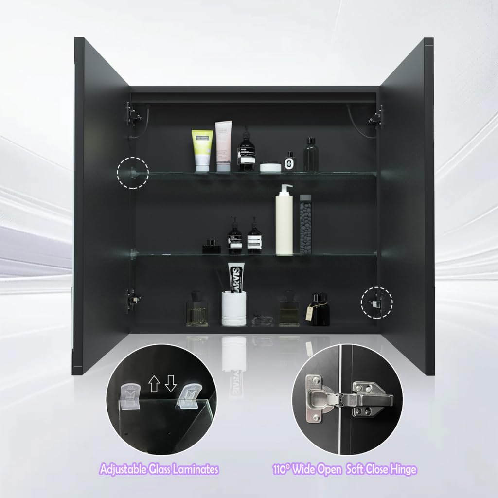 Inside view of the SensaHome mirror cabinet showing adjustable glass shelves and soft-close hinges