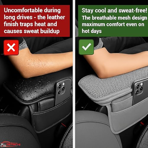 Image of DETACHI Car Center Console Armrest Cover Pad, PU Leather Mesh Armrest Cushion,Universal Fit for SUV /Truck /Car, Console Box Cover With 2 Mobile Pockets, Breathable Mesh Fabric Mat-(Grey, 31X18X2CM)