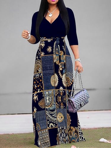 Image of Plus Size Maxi Dress for Women V Neck 3 /4 Sleeve Wrap Dress