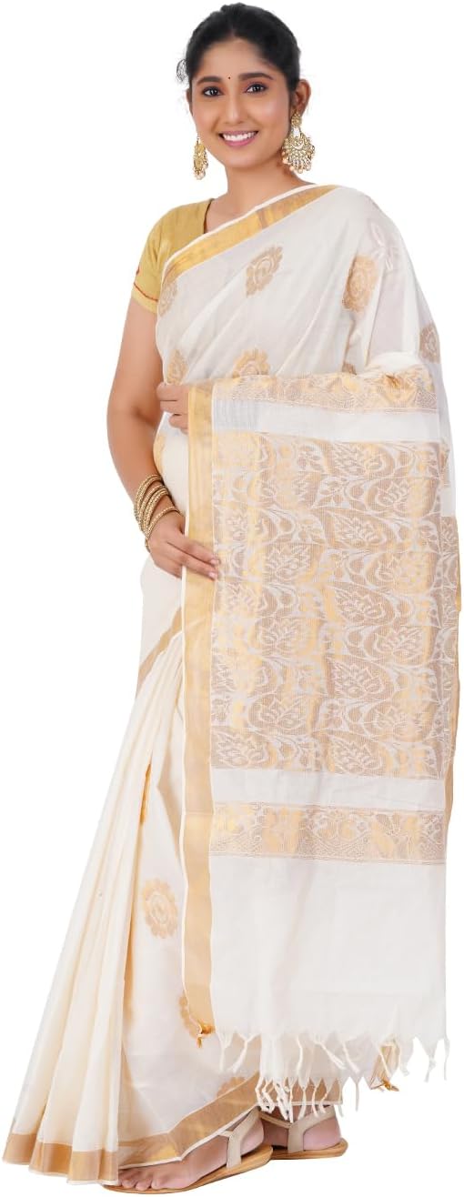 Women Kerala Kasavu Cotton Sarees, Beige