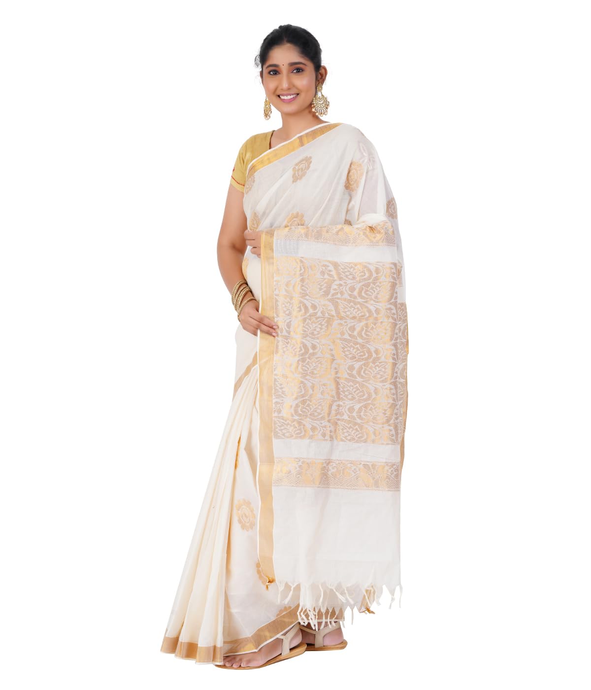 Rsv fabrics Women Kerala Kasavu Cotton Sarees, Beige