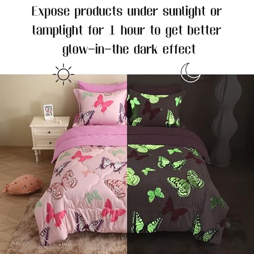 Image of Pink Girls Butterfly Bedding Set Full Size 7 Piece Glow in The Dark Butterfly Comforter with Sheets & Pillowcases Soft Microfiber Bed in A Bag for Kids Teens All Season