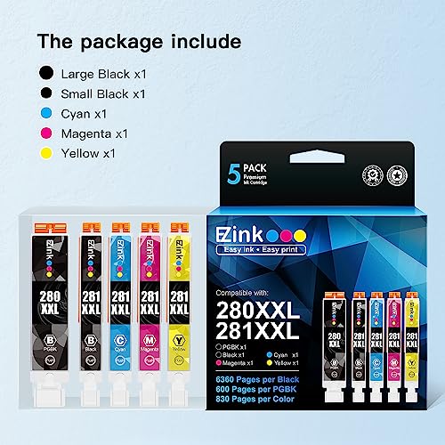 E-Z Ink (Tm Compatible Tr8620A Ink Cartridge Replacement For Canon Pgi-280Xxl Cli-281Xxl 280 Xxl 281 Xxl Compatible With Tr8620A Tr8620 Ts702A Ts9520 Ts9521C Tr8520 Ts6220 Ts6320 Ts8220 (5 Pack) #TOP1
