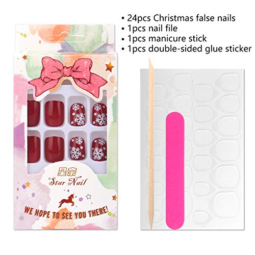 24pcs Press on False Nails Christmas Snowflake Fake Nails Tips Artificial Full Cover Short Fingernails for Nail Art Decoration