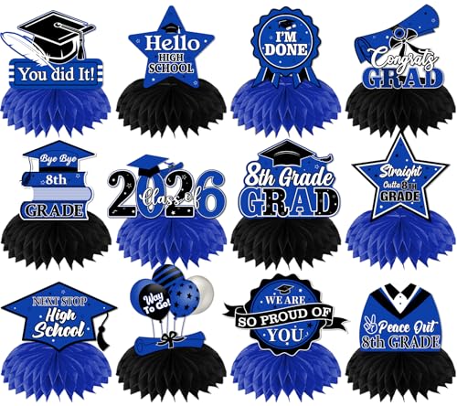 8th Grade Graduation Decorations 2026, 12Pcs Class of 2026 Graduation Centerpieces for Tables, Blue and Black Congrats Grad Honeycomb Centerpieces Table Toppers for 8th Grade Graduation Party Supplies