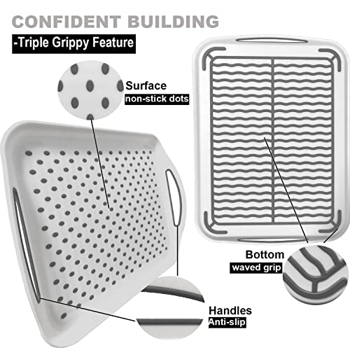 Large Non Slip Serving Tray with Handles, Silicone Gripping Nubs Lap Food Trays for Eating, Dishwasher Safe Serve for Dinner Snack Fruit Dessert Breakfast Beverage, Rectangular, Set of 2, White - Thumbnail 2