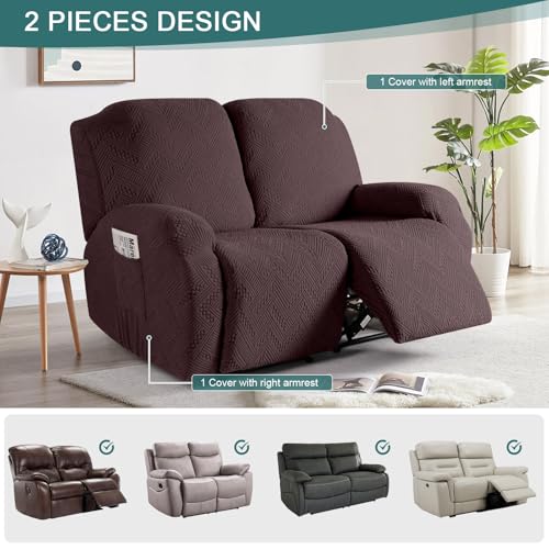 Image of Ruaozz Recliner Sofa Covers Recliner Chair Covers Loveseat Recliner Slipcovers with Pockets Washable Furniture Protector with Elastic Bottom (2 Seater, Dark Coffee)