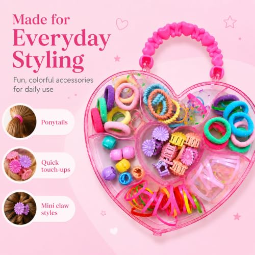 Image of Hair Accessories for Kids Girls | Heart Shaped Storage Box with Rubber Bands, Hair Ties, Mini Claws, Beads & Flower Clips | Baby Girl Hair Accessories Set | Cute Clips for Kids | Mixed Designs | GogoPogo