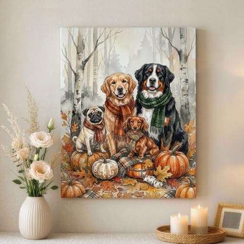 Lienzo de perros y calabazas para decorar un salón rústico en otoño