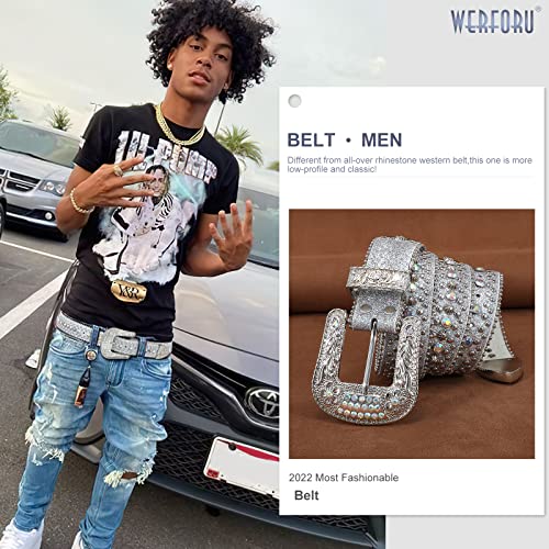 Werforu Men Women Rhinestone Western Rhinestone Studded Western Leather Belt Ladies Vintage Bling Cowboy Cowgirl Waist Belt For Jeans Pants,Fit Waist Size 26"-30",Silver #TOP4