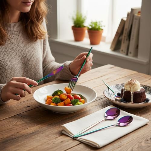 Image of 8 Pcs Rainbow Slim Handle Stainless Steel Cutlery Set for Dining Table with Spoons and Forks Set + Butterknives - The Perfect Tableware /Flatware