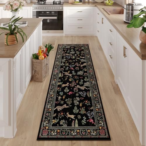 Runner Rug for Kitchen Rug Non Slip 2'x6' Washable Rugs with Rubber Backing Soft Floral Animal Carpet Runner for Kitchen, Laundry, Bedroom, Bathroom (Black)
