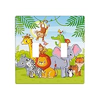 Cartoon Animals 2 Gang Light Switch Plate, Forest Elephant Giraffe Lion Monkey Double Toggle Wall Plate Cover Decorative Electrical Switchplate for Kitchen Bathroom Home Wall Panel Decor Faceplate