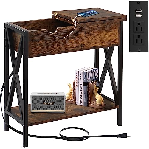 End Tables Living Room With Charging Station, End Tables With Usb Ports And Outlets, Sofa Side Table For Small Spaces, Bedside Tables Rustic Small End Tables With Steel Frame(11.3" Dx24 Wx24.2 H) #TOP16
