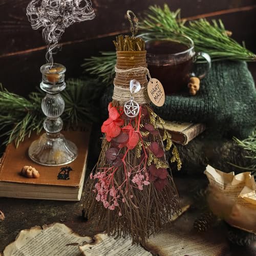 Miniatura 9 de 19cm Escoba De Canela, Mini Escoba Decorativa Para Fiesta Temática Con Flores Secas Escobas De Bruja Retablos Wicca Cristal Mágico Natural, Accesorio Para Ceremonias Mágicas, Rojo