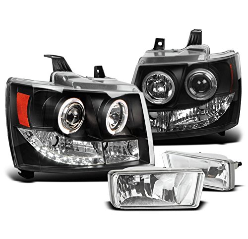 ZMAUTOPARTS For 2007-2012 Chevy Avalanche/Suburban DRL LED Halo Projector Headlights with Chrome Fog Lights - Black
