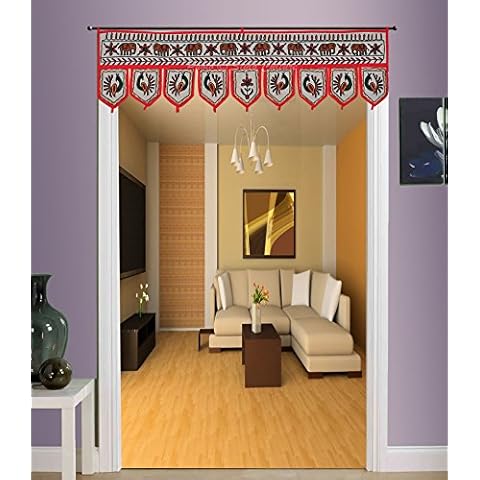 Stylo Culture Decorative Cotton Valances For Windows White Indian Embroidered Elephant Scarf Curtain Topper Bedroom Traditional Swag Curtain Door Hanging Toran | 36 x 10 Inches Cover
