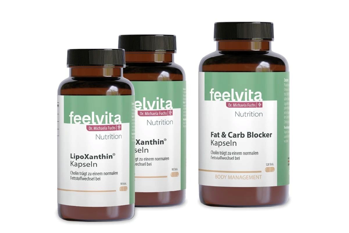 Genius Feelvita Nutrition Stoffwechsel-Set 3-tlg. - Hochdosiert - 2x LipoXanthin, 1x Fat & Carb Blocker – Unterstützt die normalen Stoffwechselfunktionen & Blutzucker | Vegan