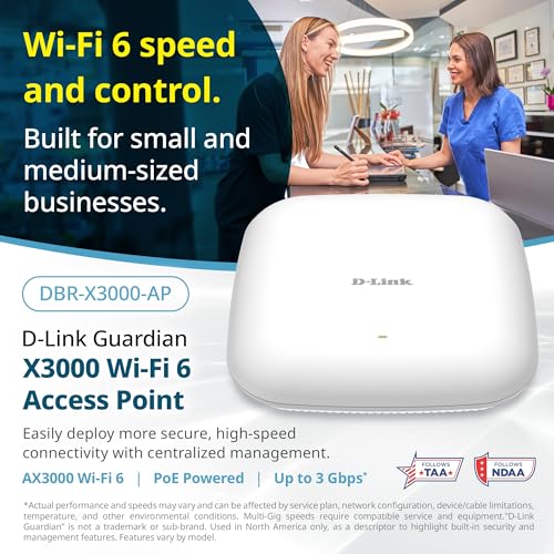 Image of D-Link Guardian X3000 Wi-Fi 6 Access Point (DBR-X3000-AP) Dual-Band AX3000 Smart Access Point with WPA3, VLANs, PoE Powered, Guest WiFi, Mesh Support, Centralized Management